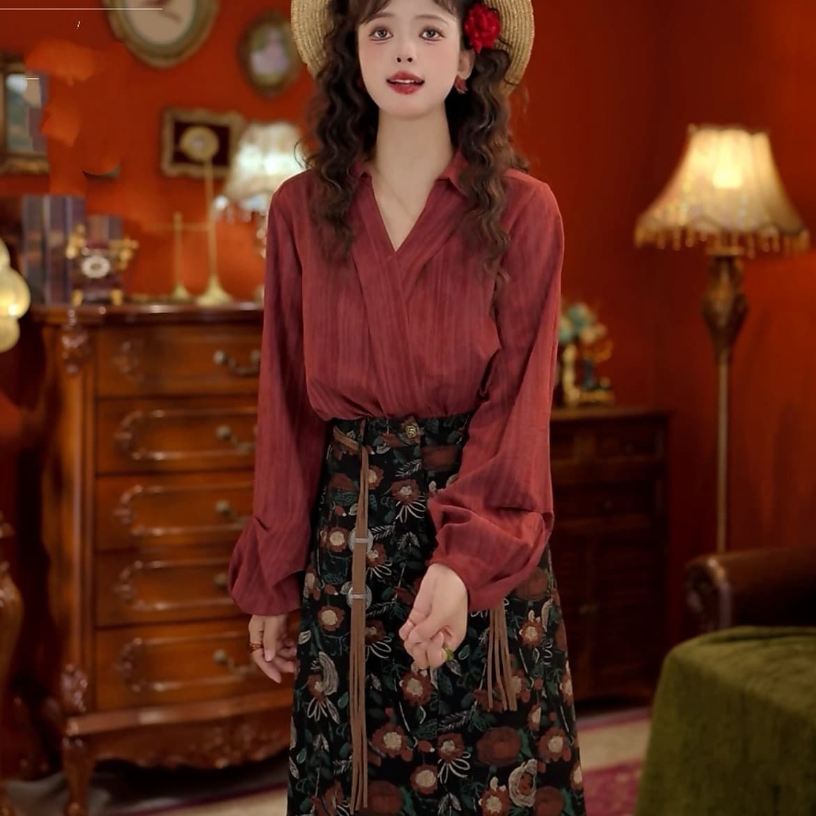 알고있다. 비가 오기 전에 항구 바람 레트로 V넥 빨간색 셔츠 디자인 센스 긴팔 셔츠 상세 이미지 6