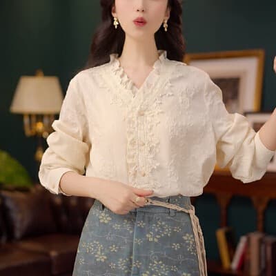 스타 꽃 이순신 라임 품격 다용도 긴팔 여성 셔츠 루즈핏 슬림해 보이는 맨위 반신 스커트 이미지 2