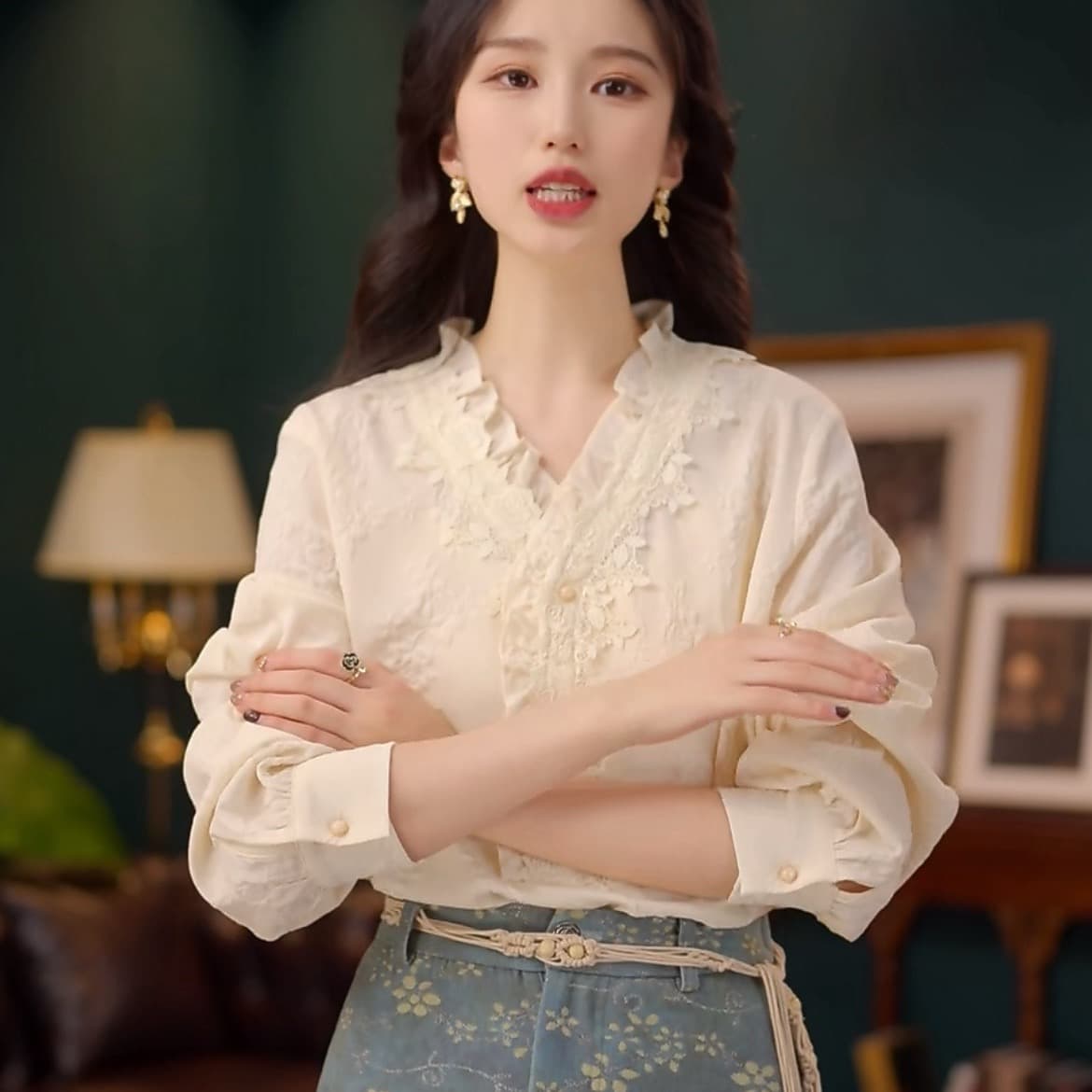 스타 꽃 이순신 라임 품격 다용도 긴팔 여성 셔츠 루즈핏 슬림해 보이는 맨위 반신 스커트 상세 이미지 5