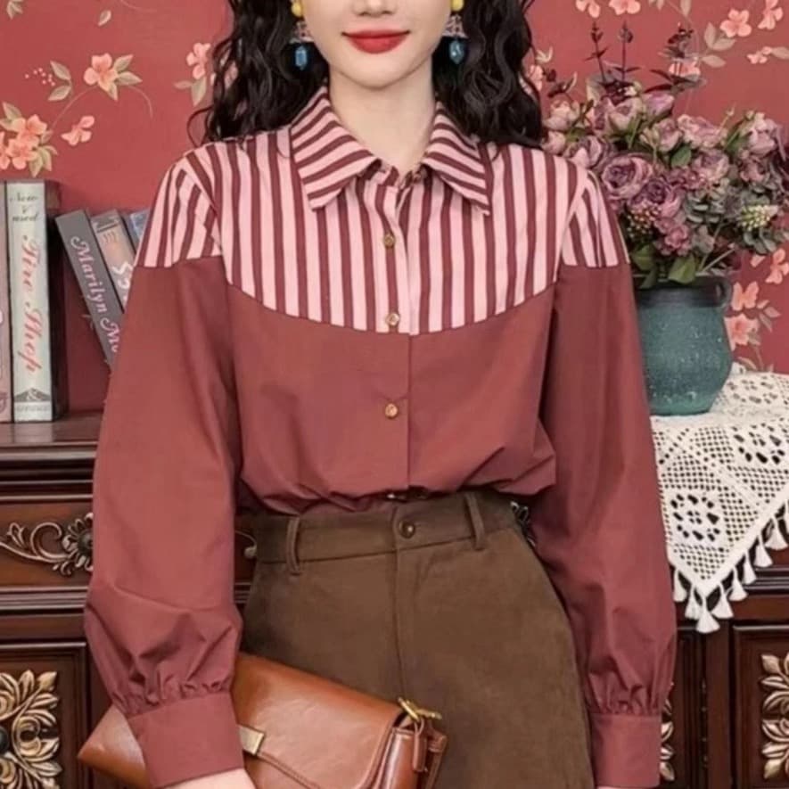 항구 바람 레트로 배색 디자인 센스 긴팔 여성 셔츠 품격 고급 센스 다용도 루즈핏 셔츠 이미지 5