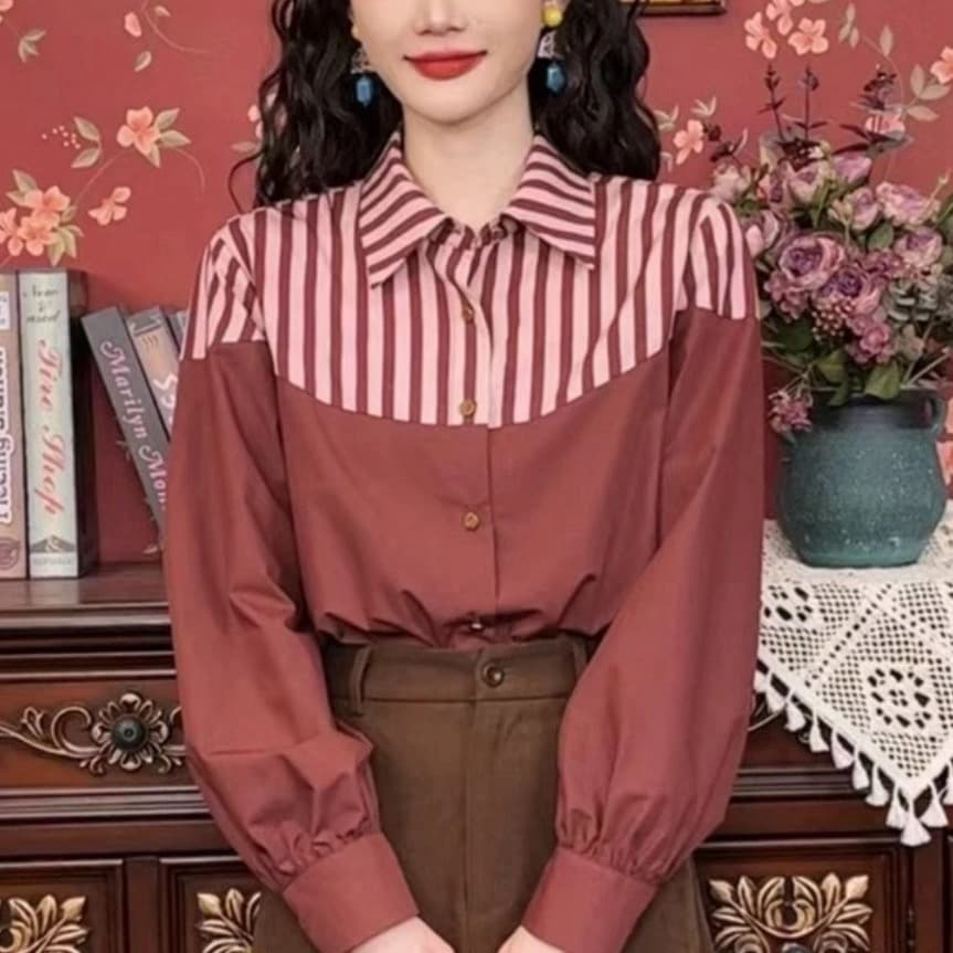 항구 바람 레트로 배색 디자인 센스 긴팔 여성 셔츠 품격 고급 센스 다용도 루즈핏 셔츠 상세 이미지 1
