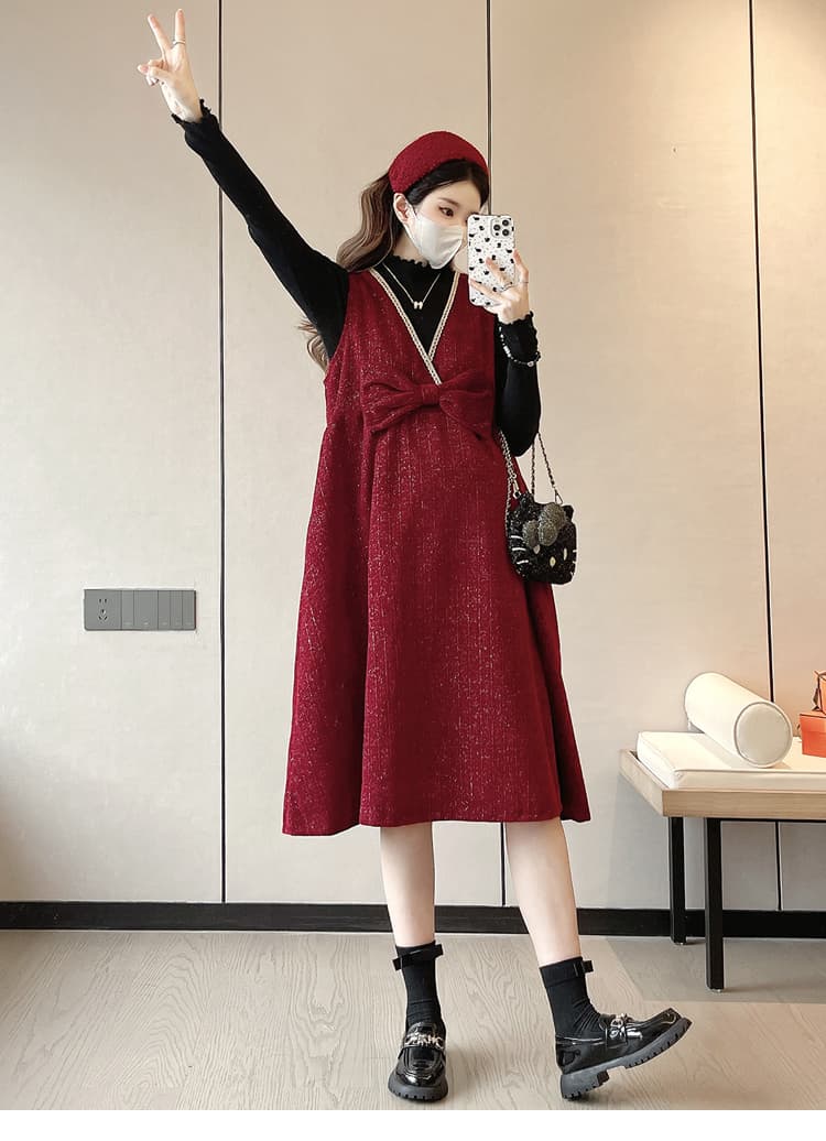 실사 지금 출산 착용 가을 겨울 의류 패션 섹션 나비 매듭 조끼 스커트 검정색 인사이드 가져 가라. 니트 스웨터 투피스 세트 상세 이미지 14