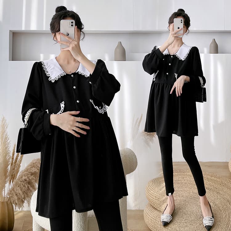 실사 봄 가을 새로운 출산 착용 달콤함 베이비 칼라 검정색 루즈핏 임산부 드레스 이미지 3