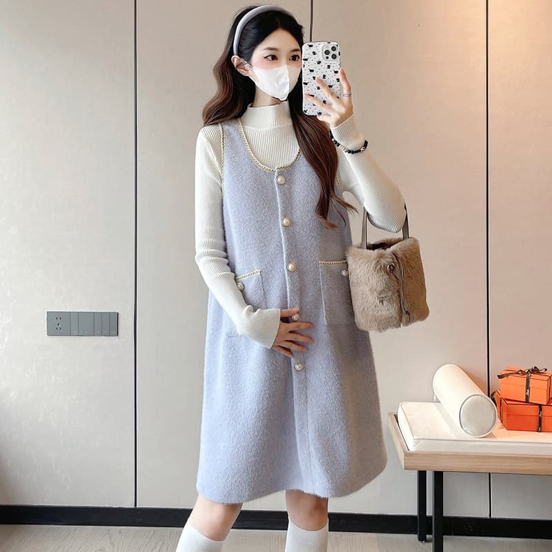 실사 출산 착용 가을 겨울 세트 부드러운 연한 자주색 조끼 스커트 화이트 인사이드 가져 가라. 패션 편안함 임신 기간 착용 가져 가라. 이미지 4