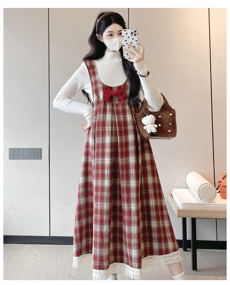 실사 임산부 가을 의상 세트 빨간색 체크무늬 멜빵 스커트 나비 매듭 장식 패션 표지 배 다시 편안함 상세 이미지 3