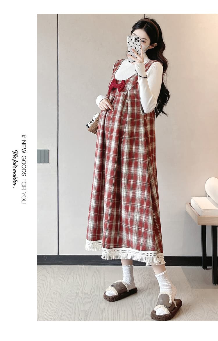실사 임산부 가을 의상 세트 빨간색 체크무늬 멜빵 스커트 나비 매듭 장식 패션 표지 배 다시 편안함 상세 이미지 20