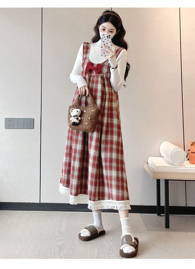실사 임산부 가을 의상 세트 빨간색 체크무늬 멜빵 스커트 나비 매듭 장식 패션 표지 배 다시 편안함 상세 이미지 22