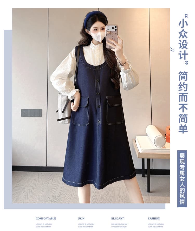 실사 데님 조끼 여성 드레스 봄 가을 루즈핏 중간 길이 셔츠 패치워크 표지 고기 슬림해 보이는 캐주얼 세트 상세 이미지 3