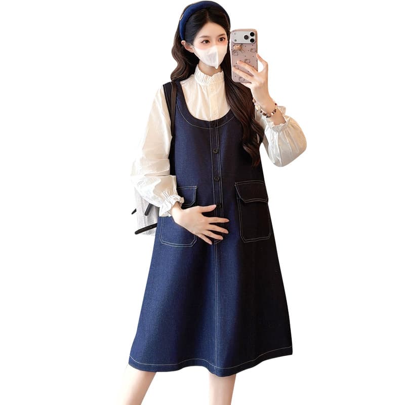 실사 데님 여성 드레스 봄 가을 루즈핏 중간 길이 셔츠 만나는 표지 고기 슬림해 보이는 캐주얼 투피스 세트 이미지 5