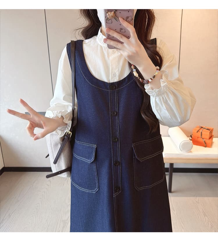 실사 데님 여성 드레스 봄 가을 루즈핏 중간 길이 셔츠 만나는 표지 고기 슬림해 보이는 캐주얼 투피스 세트 상세 이미지 16