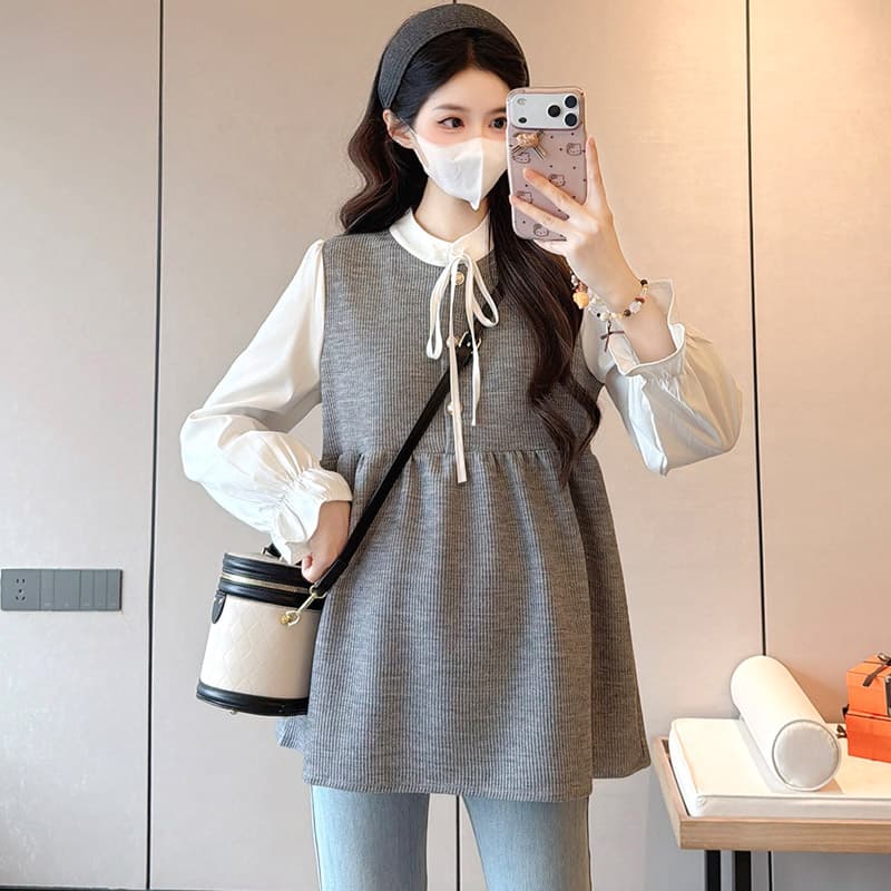 실사 조기 봄 부드러운 부서 페이크 레이어드 셔츠 패치워크 루즈핏 표지 고기 슬림해 보이는 긴팔 드레스 이미지 4