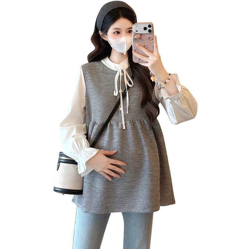 실사 조기 봄 부드러운 부서 페이크 레이어드 셔츠 패치워크 루즈핏 표지 고기 슬림해 보이는 긴팔 드레스 이미지 5