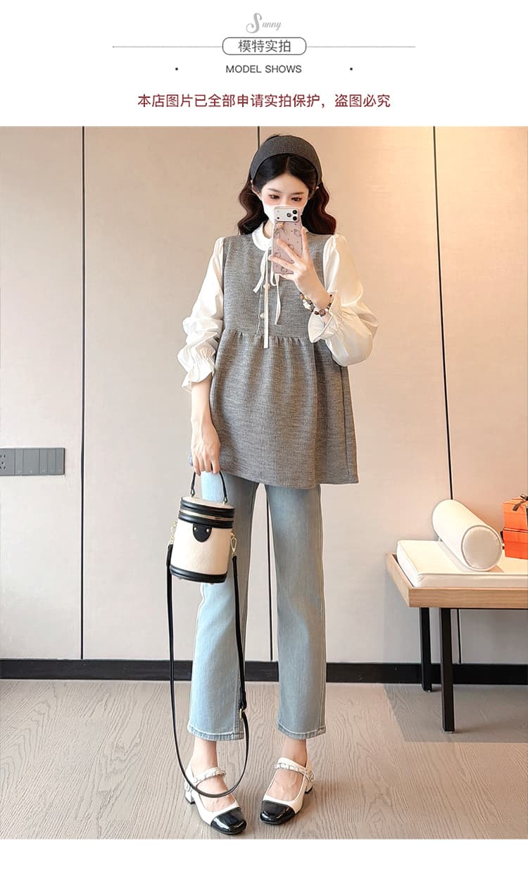 실사 조기 봄 부드러운 부서 페이크 레이어드 셔츠 패치워크 루즈핏 표지 고기 슬림해 보이는 긴팔 드레스 상세 이미지 9