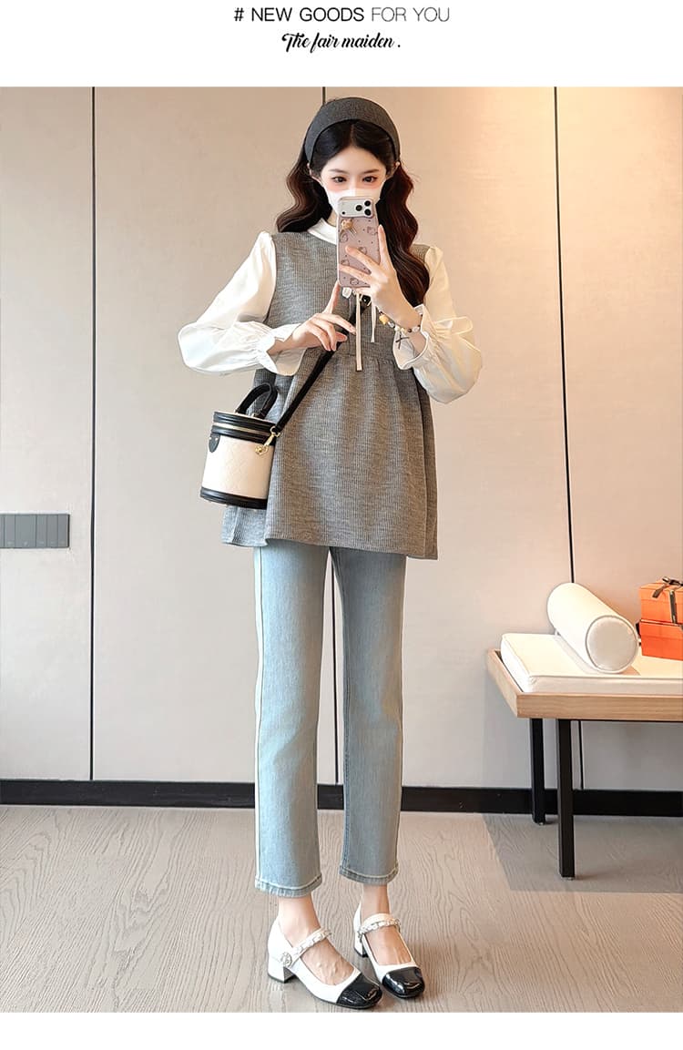 실사 조기 봄 부드러운 부서 페이크 레이어드 셔츠 패치워크 루즈핏 표지 고기 슬림해 보이는 긴팔 드레스 상세 이미지 11