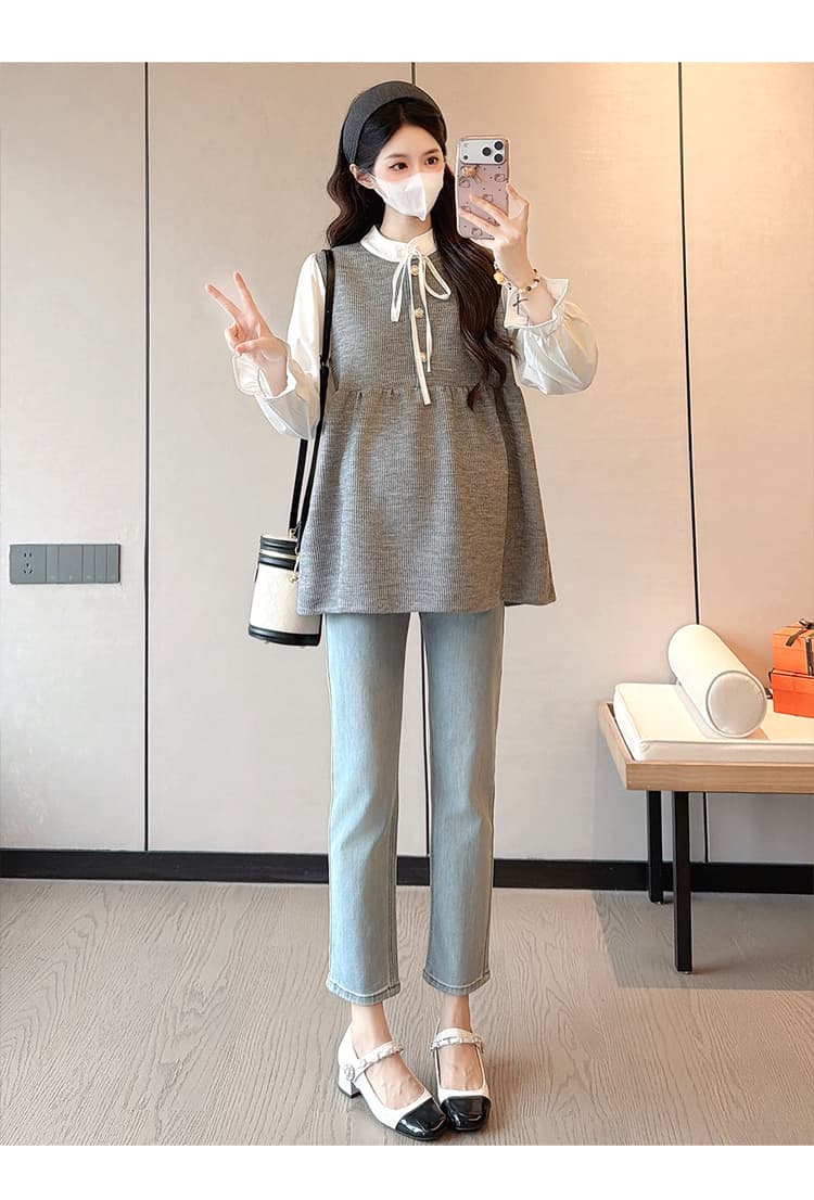 실사 조기 봄 부드러운 부서 페이크 레이어드 셔츠 패치워크 루즈핏 표지 고기 슬림해 보이는 긴팔 드레스 상세 이미지 15