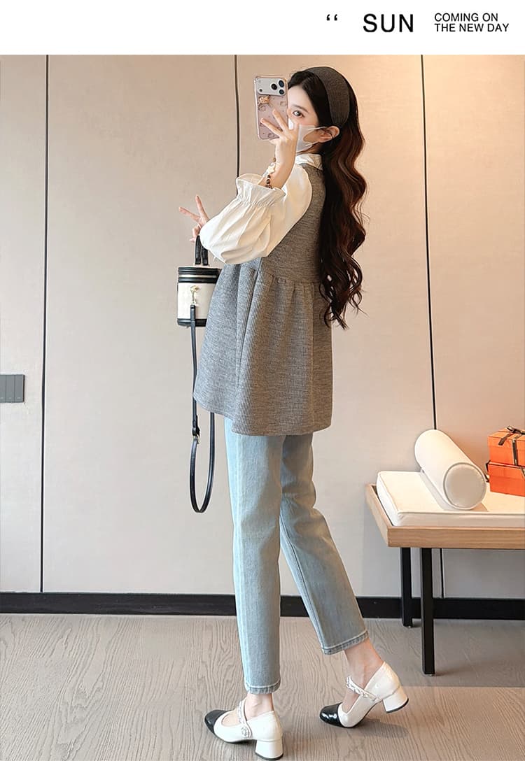 실사 조기 봄 부드러운 부서 페이크 레이어드 셔츠 패치워크 루즈핏 표지 고기 슬림해 보이는 긴팔 드레스 상세 이미지 19