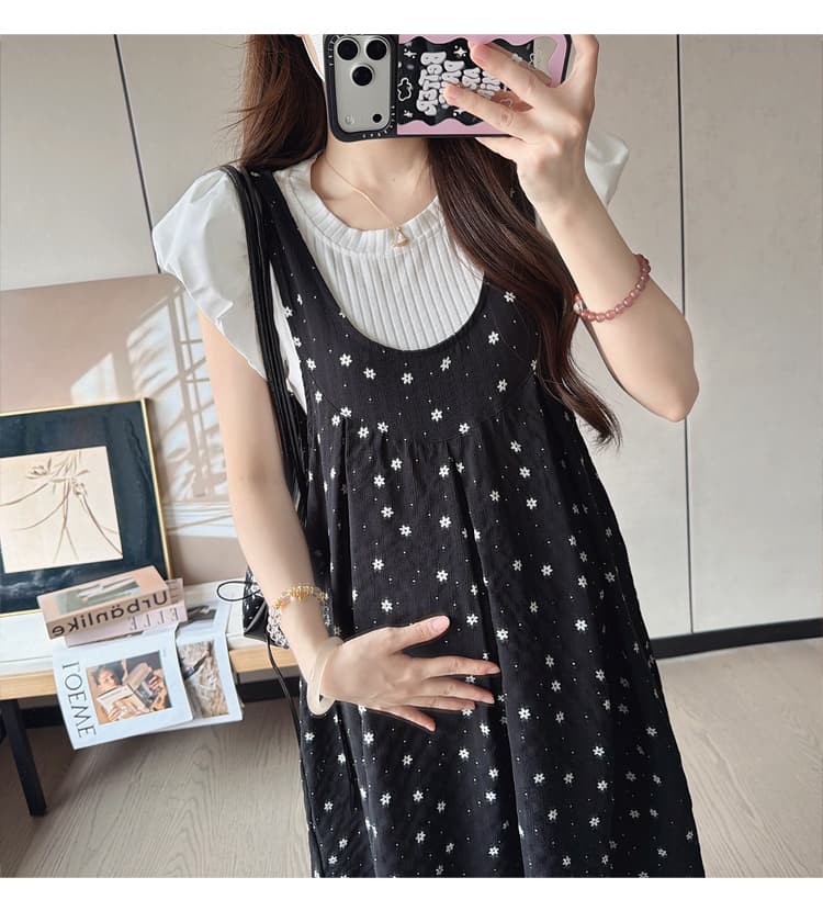 실사 부드러운 바람 검정색 꽃무늬 여성 드레스 여름 루즈핏 디스플레이 t 셔츠 투피스 세트 출산 착용 롱 스커트 상세 이미지 18