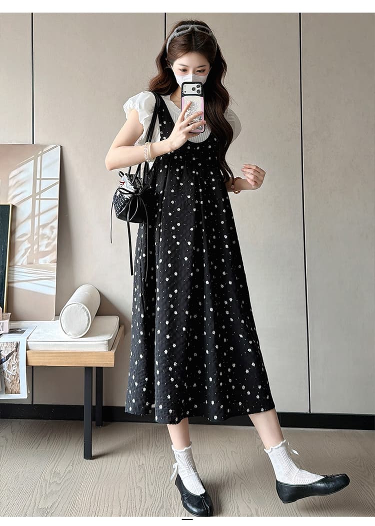 실사 부드러운 바람 검정색 꽃무늬 여성 드레스 여름 루즈핏 디스플레이 t 셔츠 투피스 세트 출산 착용 롱 스커트 상세 이미지 19