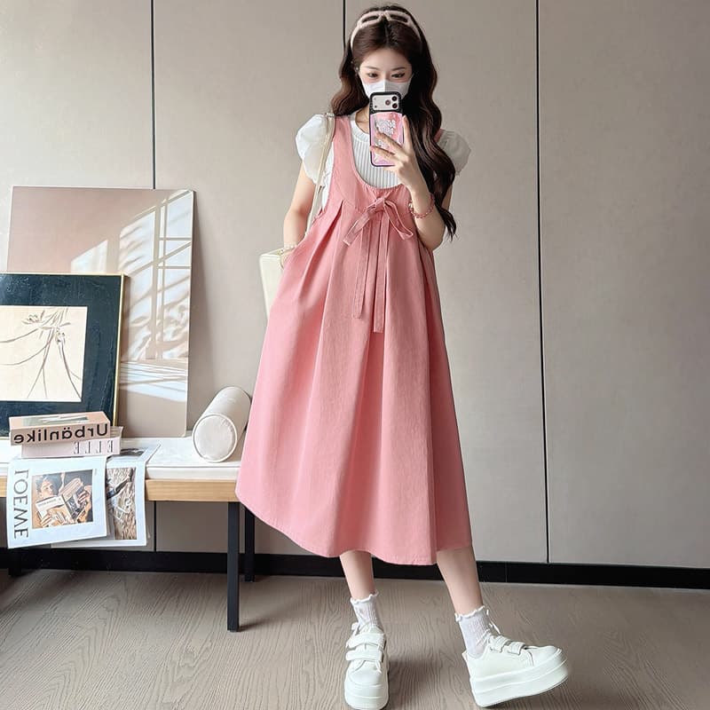 실사 부드러운 바람 핑크색 나비 매듭 임산부 멜빵 스커트 여성 여름 루즈핏 슬림해 보이는 인사이드 가져 가라. 티셔츠 투피스 세트 이미지 5