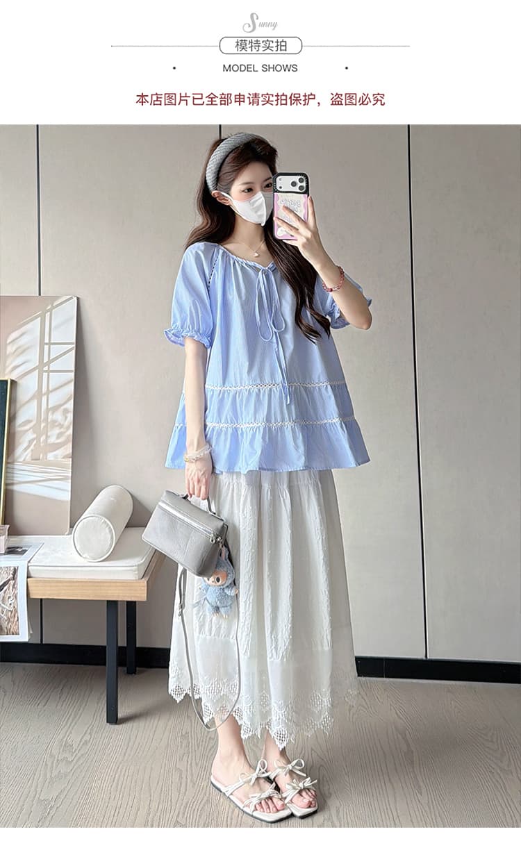 실사 여름 부드러운 블루 스트라이프 거품 소매 인형 셔츠 루즈핏 레이스업 패치워크 연령 감소 반팔 맨위 상세 이미지 10