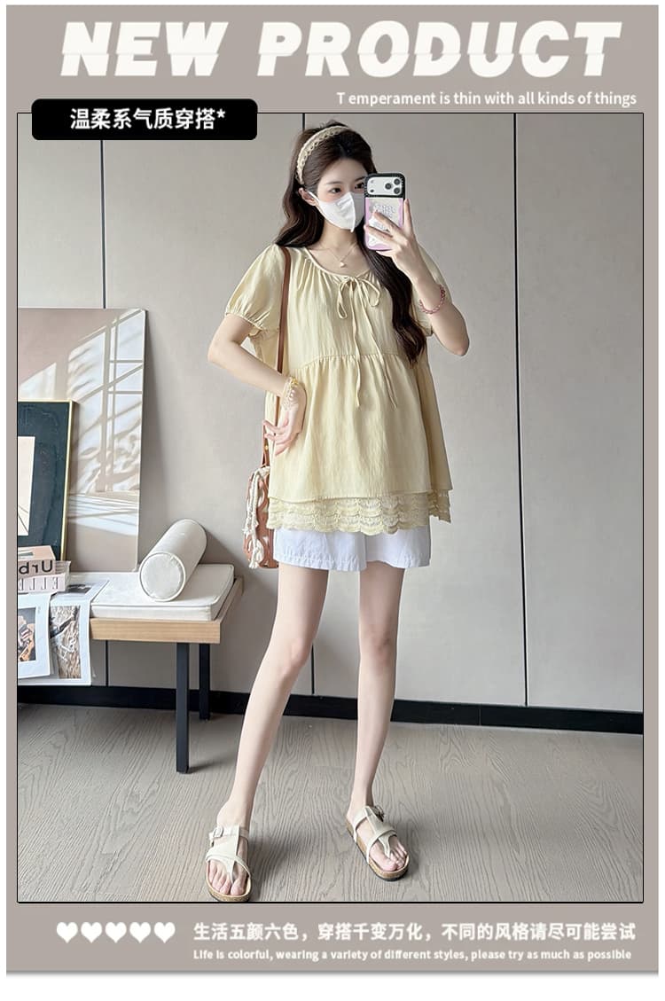 실사 신선함 주름 레이스업 라운드 넥 반팔 레이스 밑단 루즈핏 느긋한 바람 연령 감소 인형 셔츠 맨위 상세 이미지 1