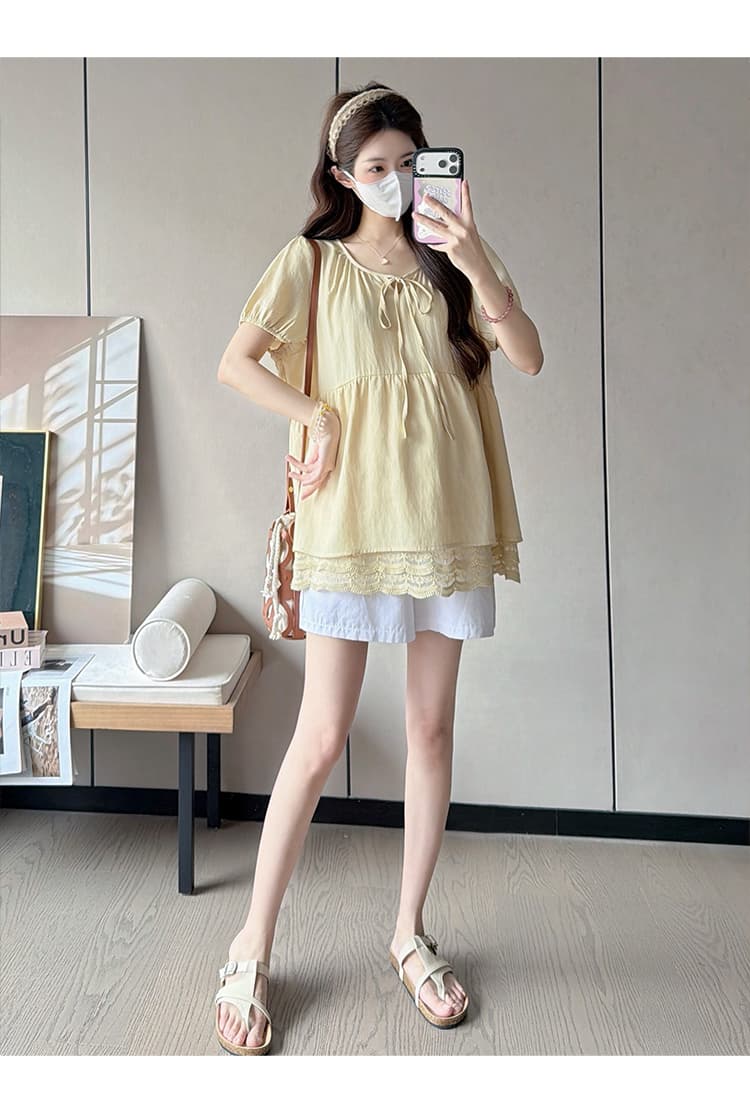 실사 신선함 주름 레이스업 라운드 넥 반팔 레이스 밑단 루즈핏 느긋한 바람 연령 감소 인형 셔츠 맨위 상세 이미지 16