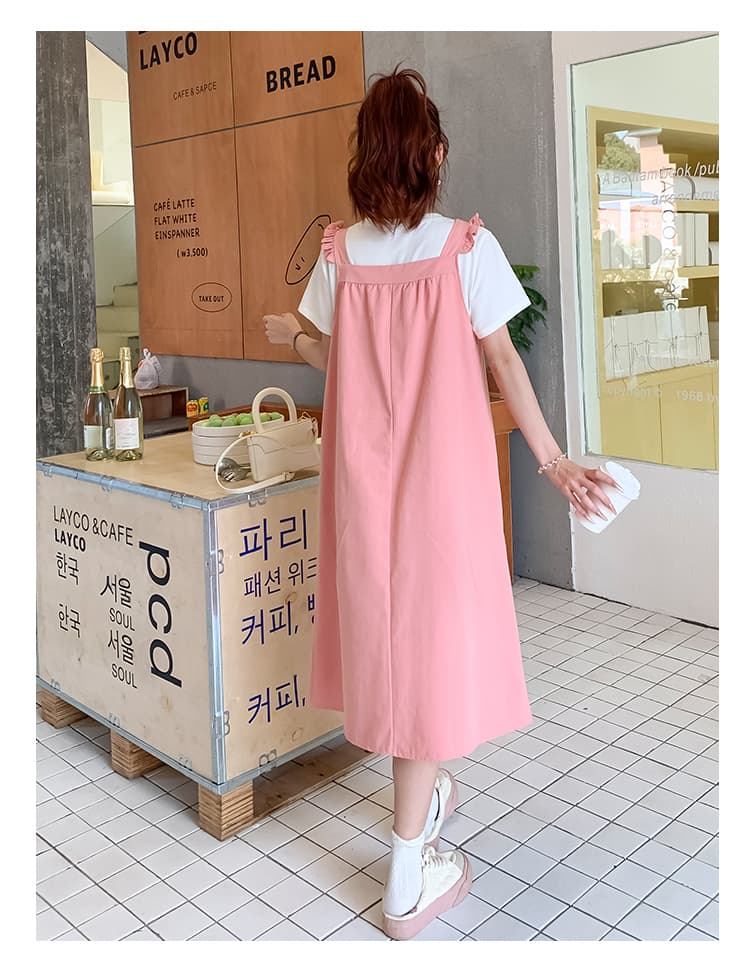 실사 달콤함 핑크색 멜빵 치마 세트 여름 루즈핏 표지 배 임산부 웨어러블 중간 길이 드레스 상세 이미지 13