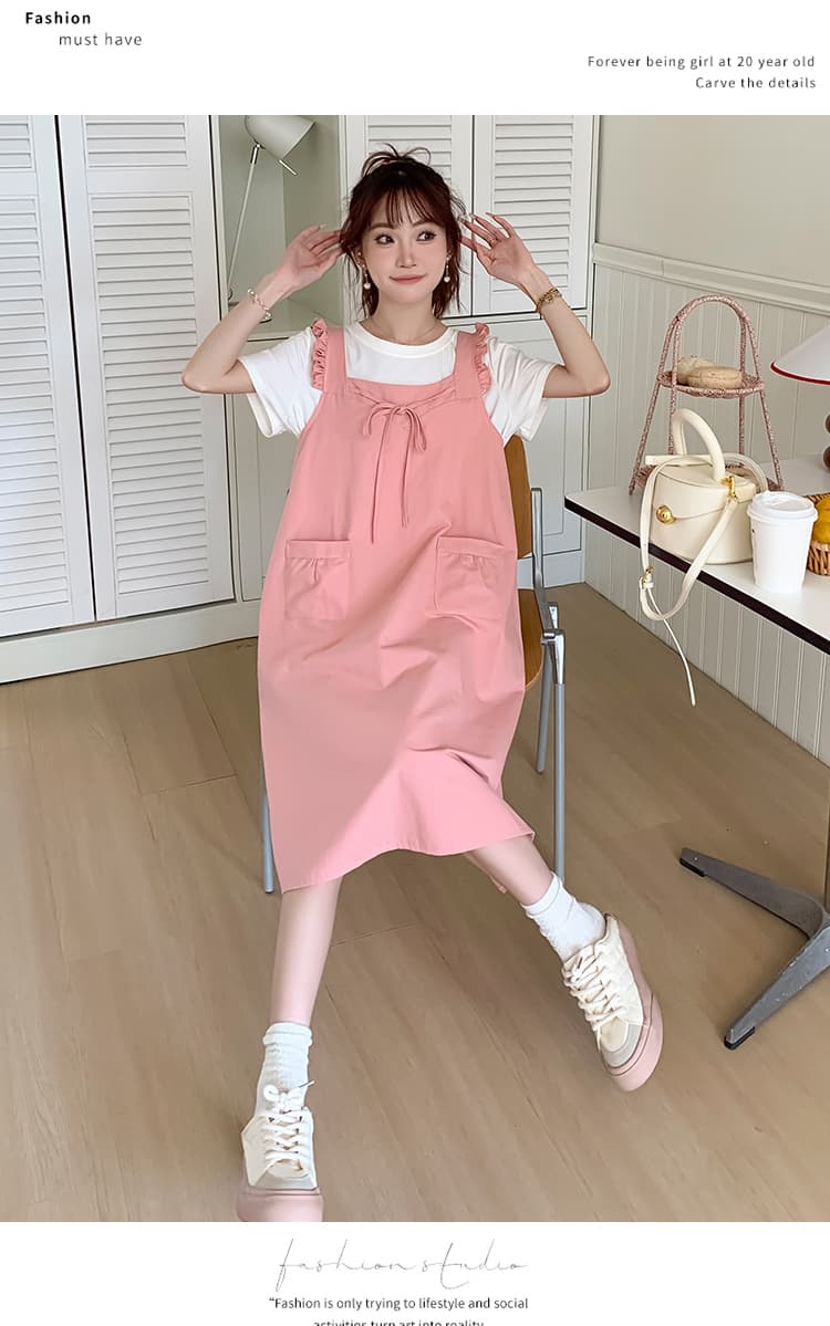실사 달콤함 핑크색 멜빵 치마 세트 여름 루즈핏 표지 배 임산부 웨어러블 중간 길이 드레스 상세 이미지 16