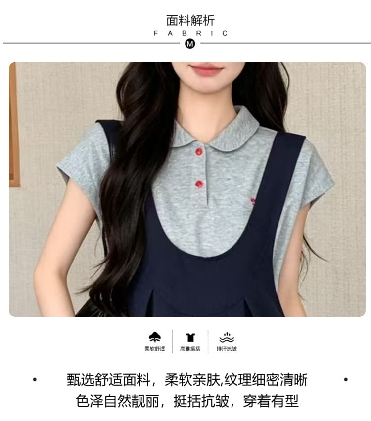 실사 한 부서 학원 스타일 출산 착용 여름 새로운 연령 감소 POLO 칼라 반팔 멜빵 스커트 표지 배 슬림해 보이는 세트 상세 이미지 7
