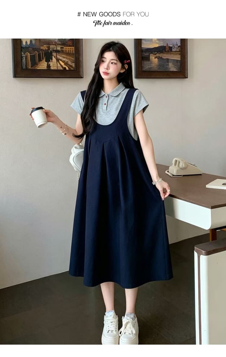 실사 한 부서 학원 스타일 출산 착용 여름 새로운 연령 감소 POLO 칼라 반팔 멜빵 스커트 표지 배 슬림해 보이는 세트 상세 이미지 12