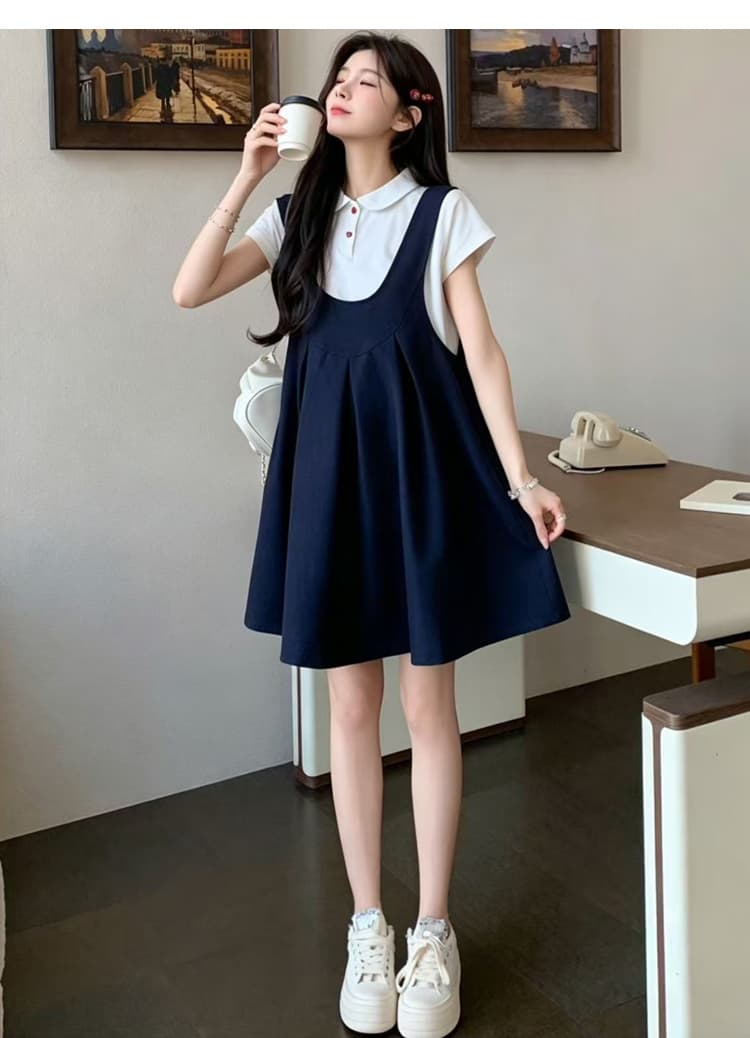 실사 한 부서 학원 스타일 출산 착용 여름 새로운 연령 감소 POLO 칼라 반팔 멜빵 스커트 표지 배 슬림해 보이는 세트 상세 이미지 26