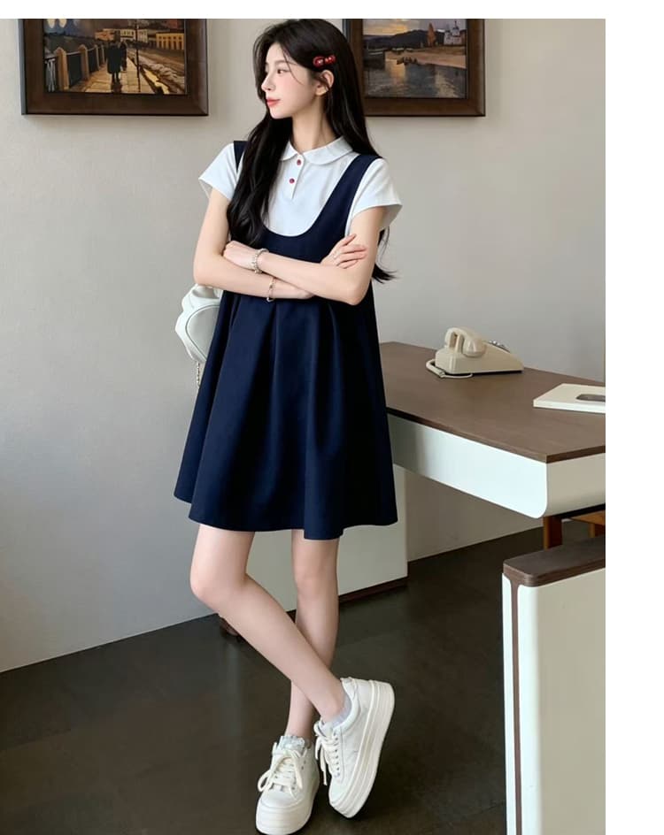 실사 한 부서 학원 스타일 출산 착용 여름 새로운 연령 감소 POLO 칼라 반팔 멜빵 스커트 표지 배 슬림해 보이는 세트 상세 이미지 29