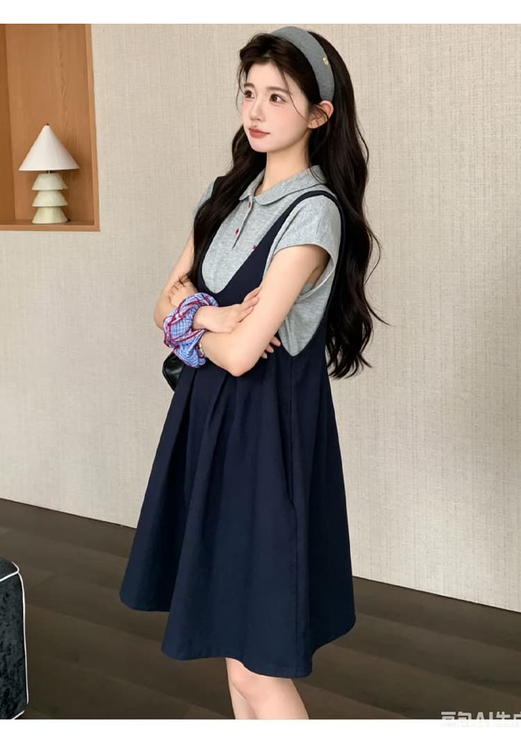 실사 한 부서 학원 스타일 출산 착용 여름 새로운 연령 감소 POLO 칼라 반팔 멜빵 스커트 표지 배 슬림해 보이는 세트 상세 이미지 33