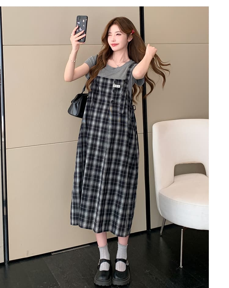 실사 임산부 여름 세트 체크무늬 멜빵 드레스 t 셔츠 루즈핏 빅 사이즈 표지 배 슬림해 보이는 상세 이미지 9