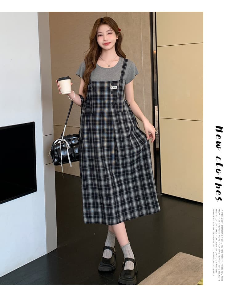 실사 임산부 여름 세트 체크무늬 멜빵 드레스 t 셔츠 루즈핏 빅 사이즈 표지 배 슬림해 보이는 상세 이미지 15