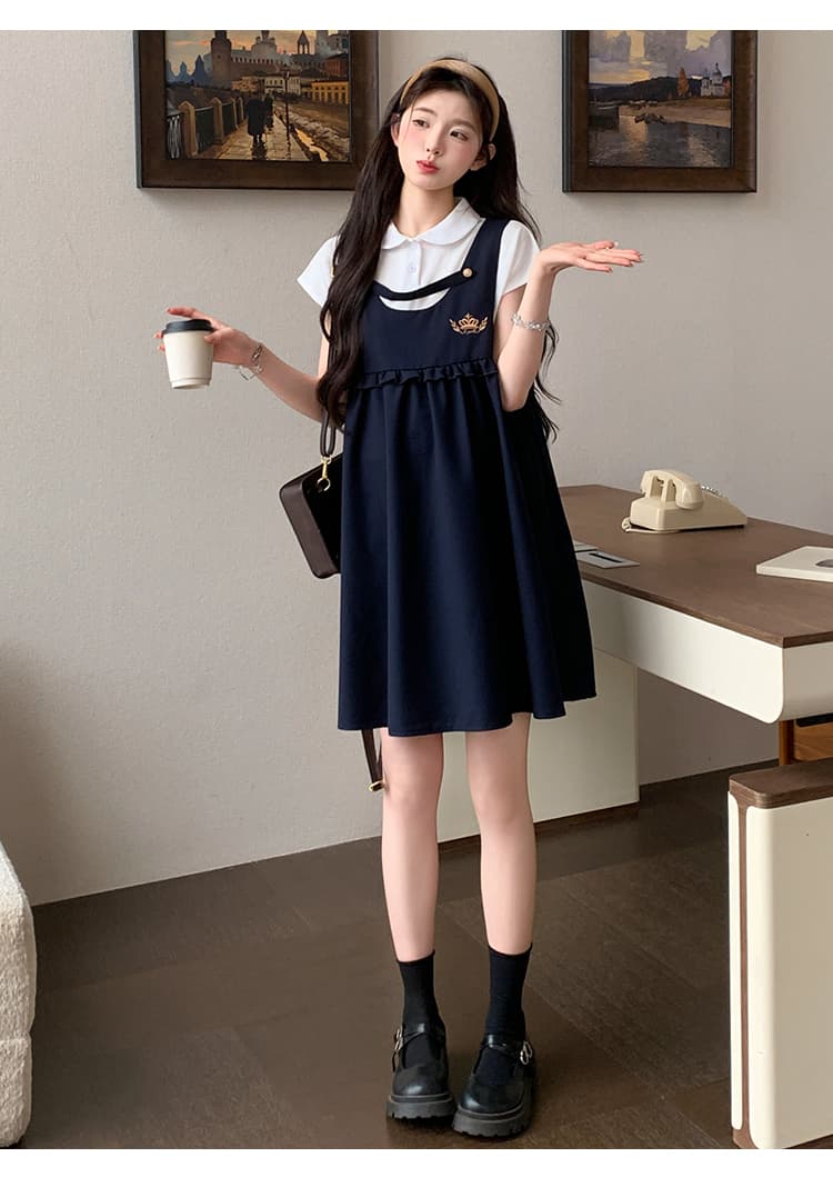 실사 한 부서 달콤함 학원 스타일 멜빵 스커트 POLO 칼라 투피스 세트 여름 새로운 연령 감소 소녀 센스 세트 드레스 상세 이미지 12