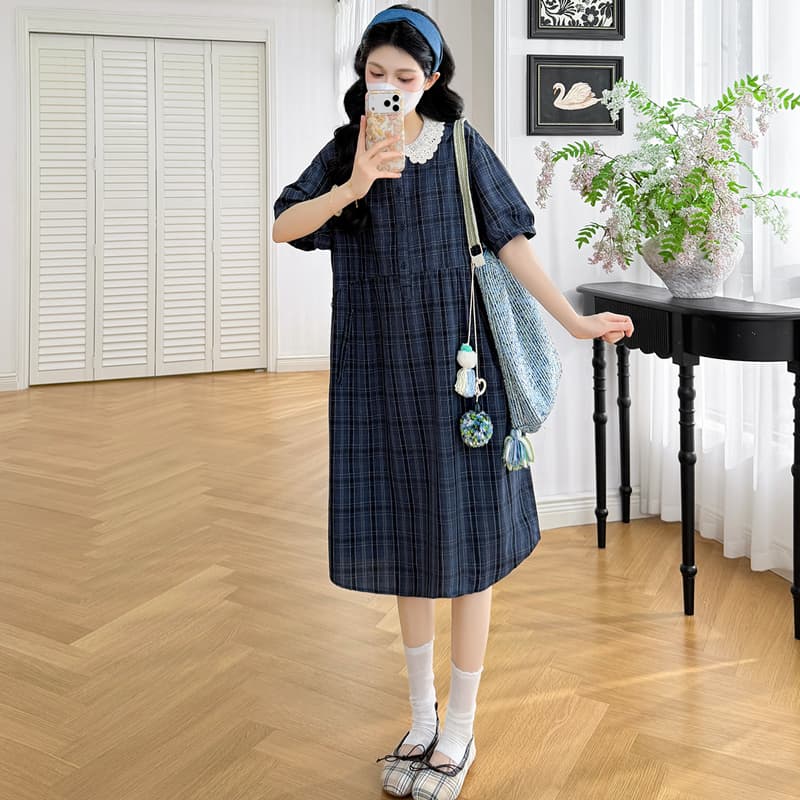 실사 임산부 드레스 베이비 칼라 해군 체크무늬 반팔 루즈핏 허리 수축 표지 배 슬림해 보이는 캐주얼 다용도 치마 이미지 3
