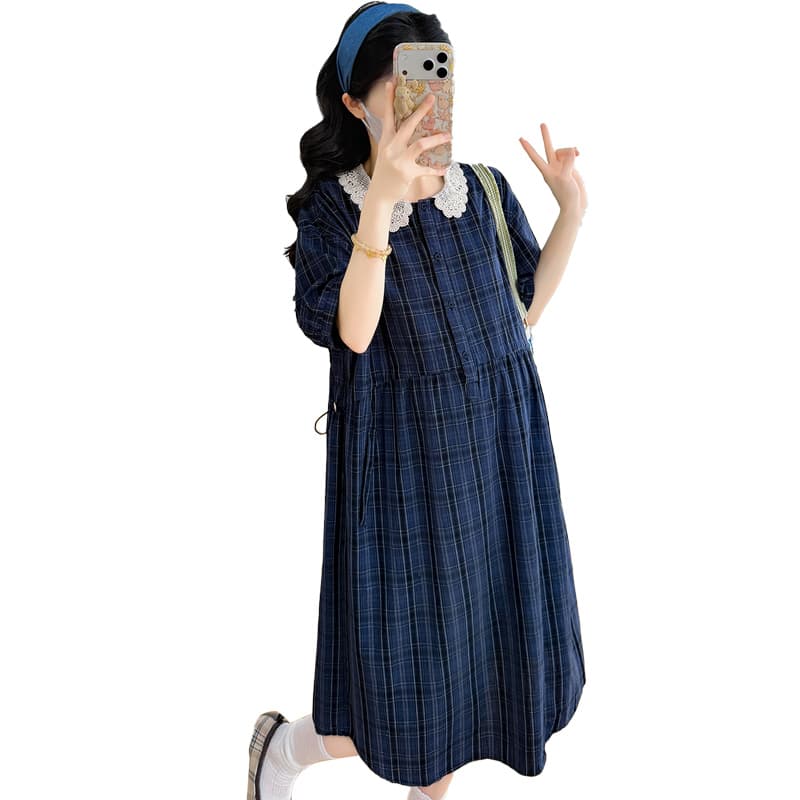 실사 임산부 드레스 베이비 칼라 해군 체크무늬 반팔 루즈핏 허리 수축 표지 배 슬림해 보이는 캐주얼 다용도 치마 이미지 5