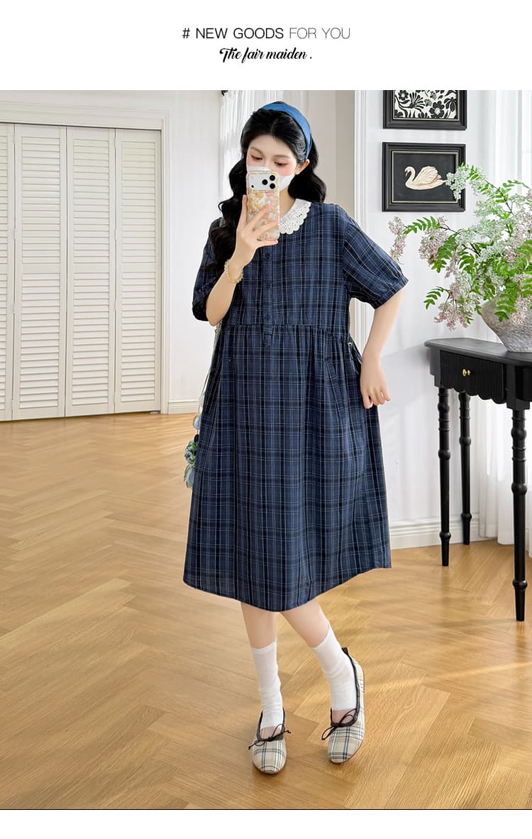 실사 임산부 드레스 베이비 칼라 해군 체크무늬 반팔 루즈핏 허리 수축 표지 배 슬림해 보이는 캐주얼 다용도 치마 상세 이미지 11