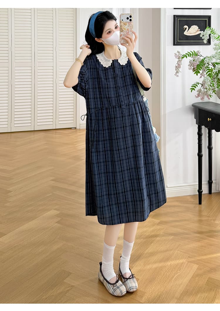 실사 임산부 드레스 베이비 칼라 해군 체크무늬 반팔 루즈핏 허리 수축 표지 배 슬림해 보이는 캐주얼 다용도 치마 상세 이미지 12