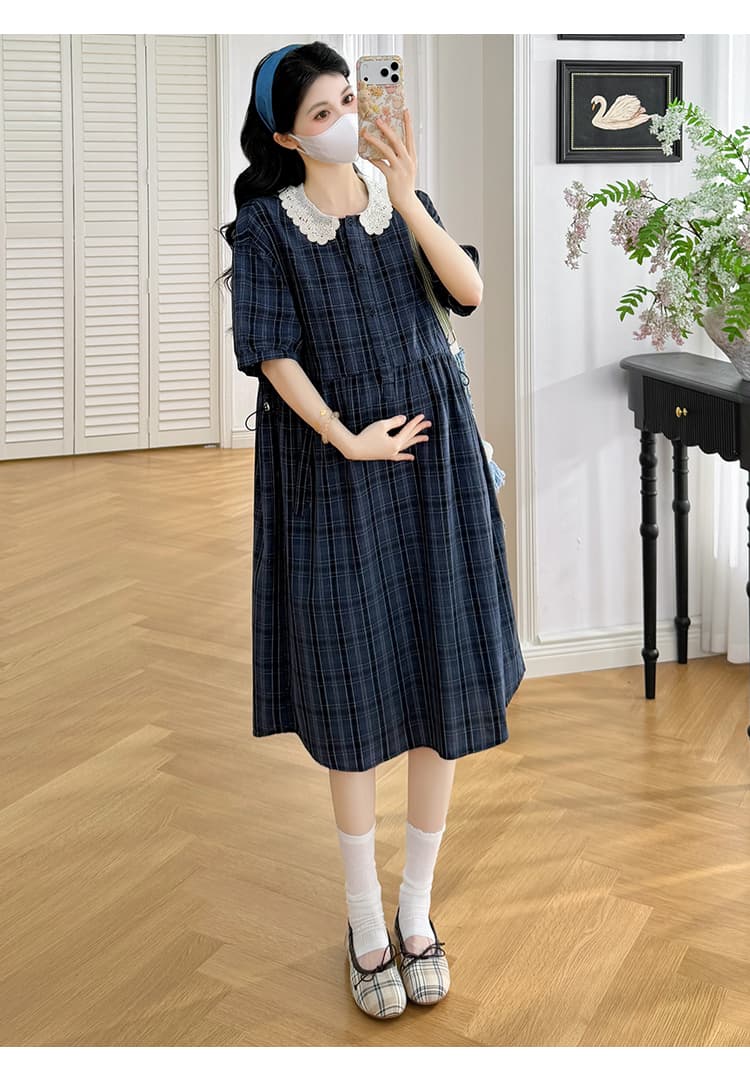 실사 임산부 드레스 베이비 칼라 해군 체크무늬 반팔 루즈핏 허리 수축 표지 배 슬림해 보이는 캐주얼 다용도 치마 상세 이미지 14