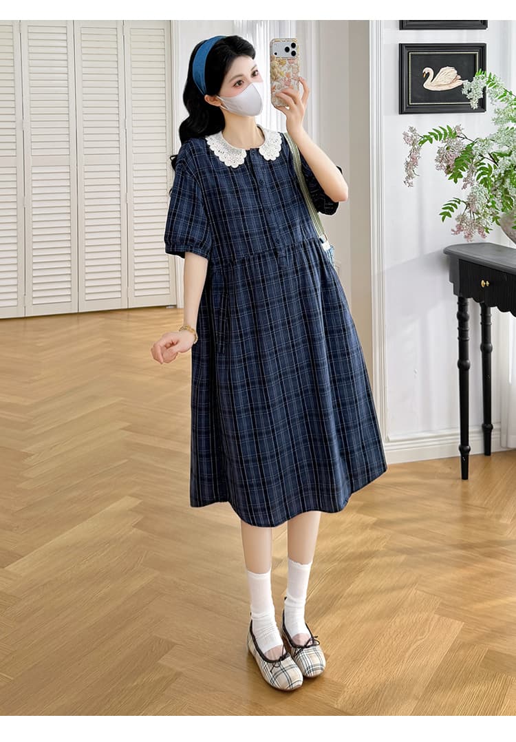 실사 임산부 드레스 베이비 칼라 해군 체크무늬 반팔 루즈핏 허리 수축 표지 배 슬림해 보이는 캐주얼 다용도 치마 상세 이미지 18