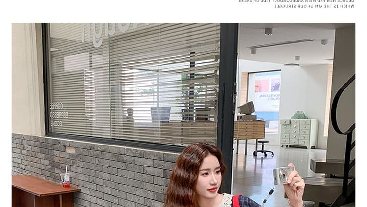 지금 여름 새로운 베이비 칼라 해군 체크무늬 반팔 루즈핏 허리 수축 표지 배 슬림해 보이는 캐주얼 드레스 상세 이미지 19