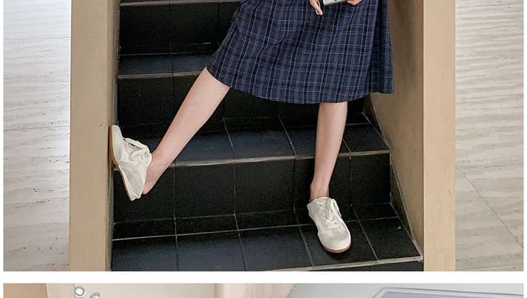 지금 여름 새로운 베이비 칼라 해군 체크무늬 반팔 루즈핏 허리 수축 표지 배 슬림해 보이는 캐주얼 드레스 상세 이미지 23