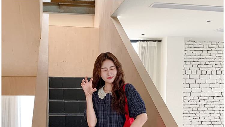 지금 여름 새로운 베이비 칼라 해군 체크무늬 반팔 루즈핏 허리 수축 표지 배 슬림해 보이는 캐주얼 드레스 상세 이미지 34