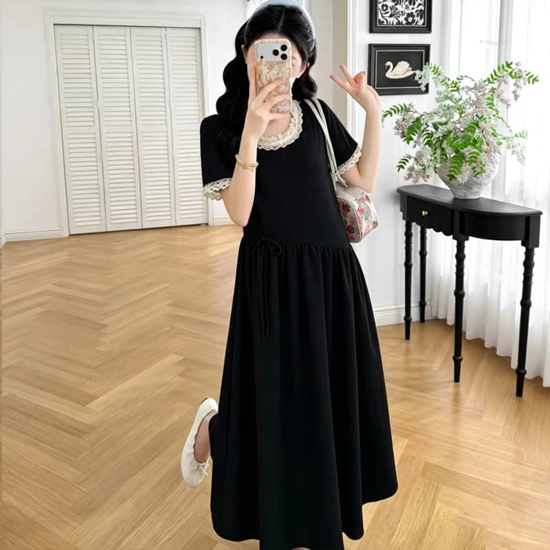 실사 지금 여름 드레스 레이스 라운드 넥 펌프 로프 허리 수축 슬림해 보이는 롱 코트 루즈핏 빅 사이즈 표지 배 다용도 이미지 5
