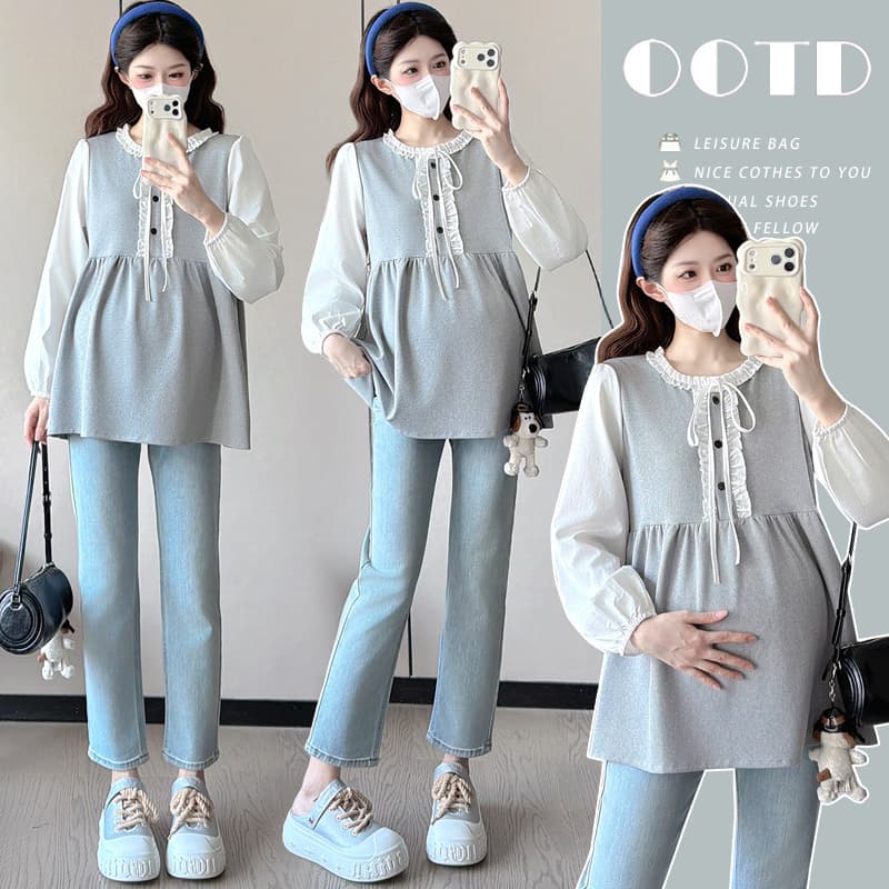 실사 봄 가을 새로운 한국 스타일 프릴 레이스업 페이크 레이어드 패치워크 긴팔 루즈핏 표지 배 다용도 인형 셔츠