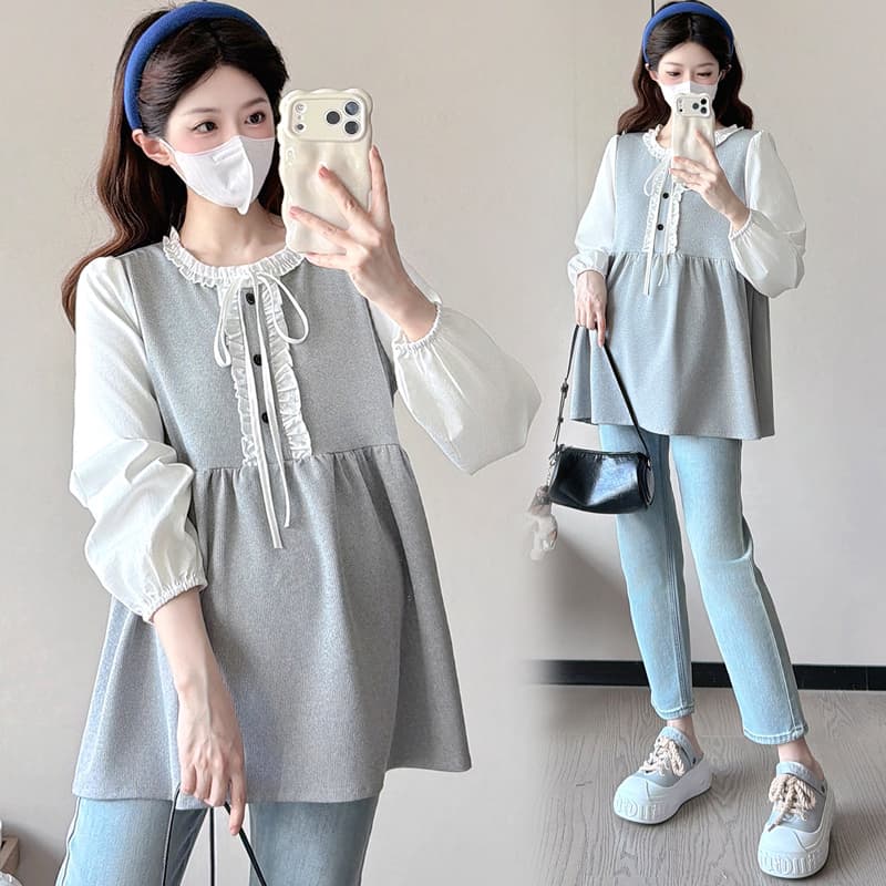 실사 봄 가을 새로운 한국 스타일 프릴 레이스업 페이크 레이어드 패치워크 긴팔 루즈핏 표지 배 다용도 인형 셔츠 이미지 2
