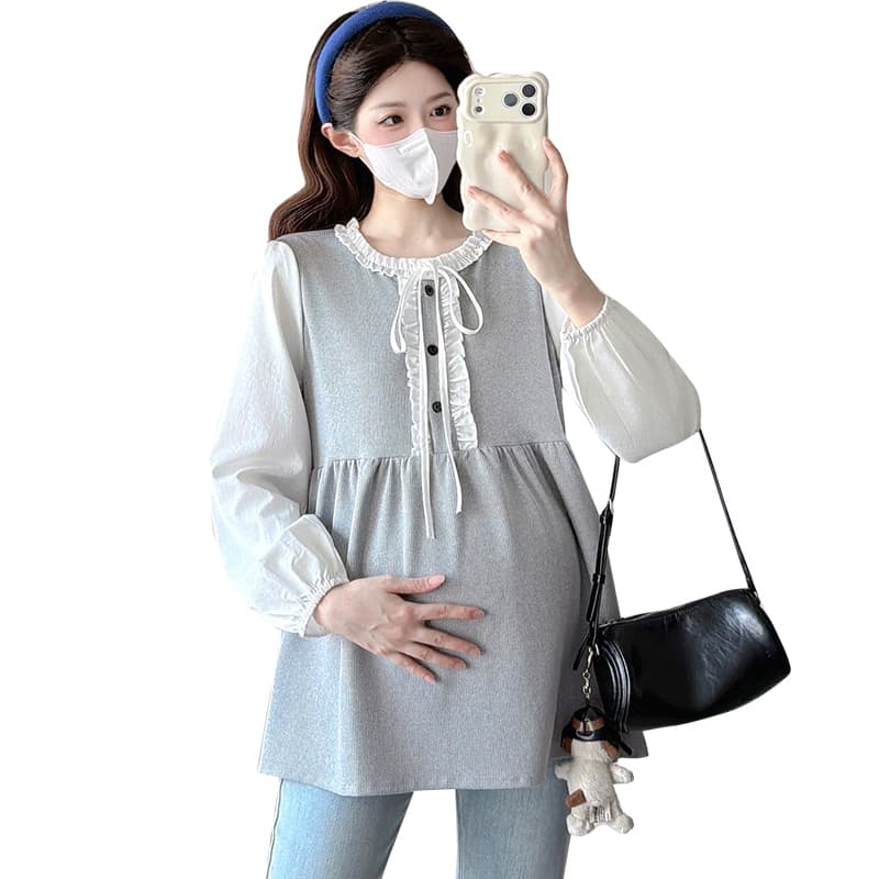 실사 봄 가을 새로운 한국 스타일 프릴 레이스업 페이크 레이어드 패치워크 긴팔 루즈핏 표지 배 다용도 인형 셔츠 이미지 5