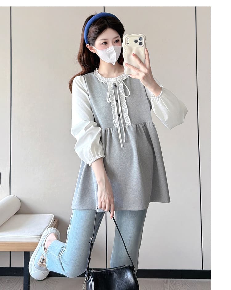 실사 봄 가을 새로운 한국 스타일 프릴 레이스업 페이크 레이어드 패치워크 긴팔 루즈핏 표지 배 다용도 인형 셔츠 상세 이미지 9